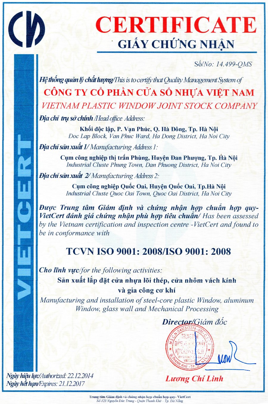 Sản phẩm VietnamWindow được chứng nhận hợp chuẩn, hợp quy phù hợp với TCVN :7451